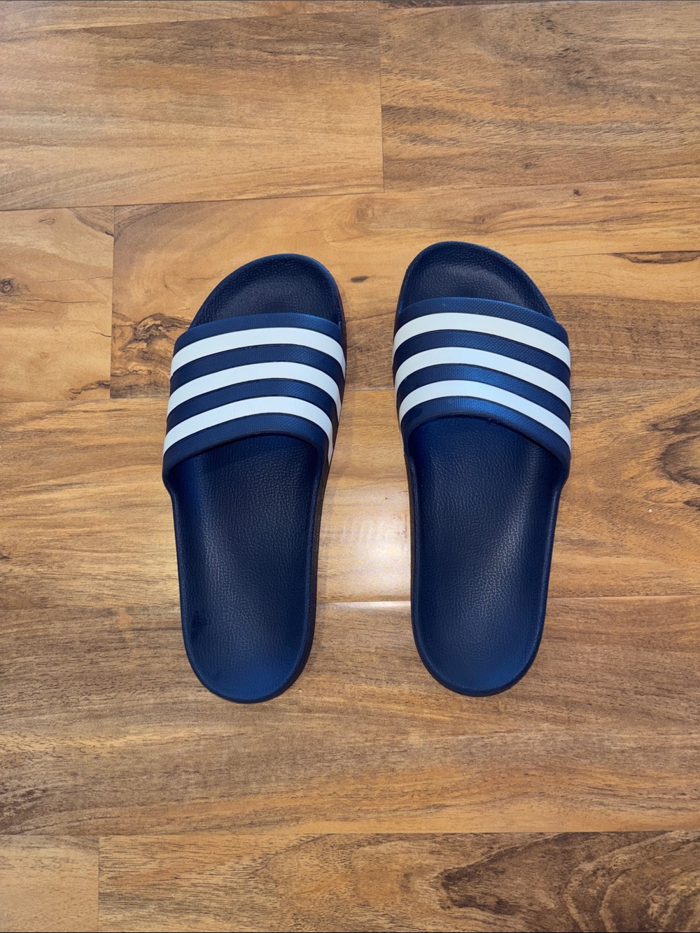 Navy blue with White strips adidas slides size 10